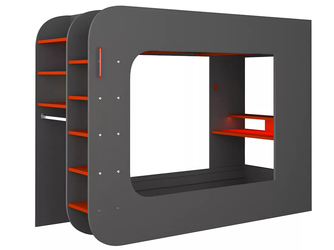 Lit mezzanine gamer 90 x 200 cm - Avec bureau et rangements - Avec LEDs - Anthracite et rouge + matelas - WARRIOR