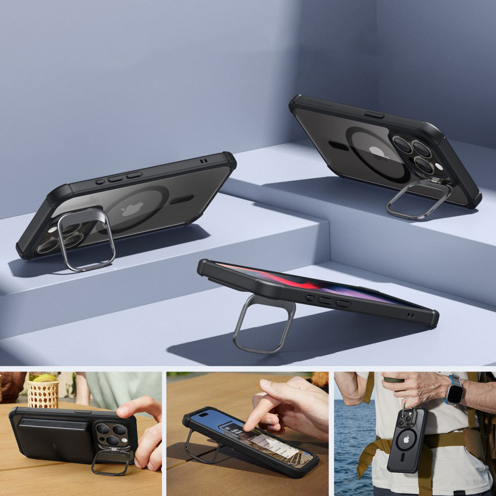 iPhone 15 Pro Max Magnetic Series Full Protective MagSafe Hülle mit Displayschutz   Kickstand - Schwarz / Transparent