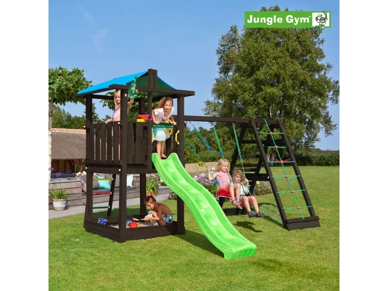 Jungle Gym Hut legetårn komplet inkl. climb module xtra ekskl. rutschebane, grundmalet sort (806-282CB)