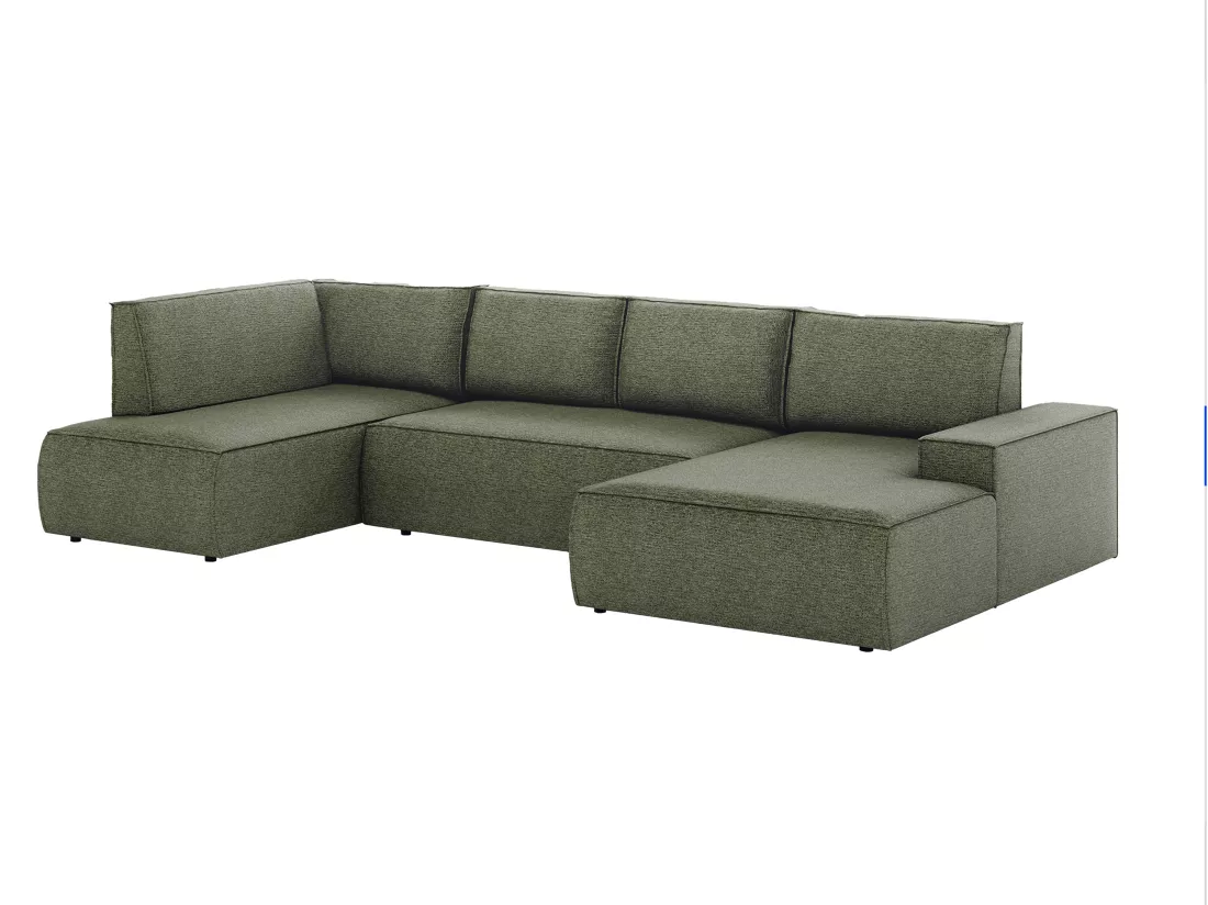 Grand canapé d'angle droit panoramique convertible en tissu texturé vert AMELIA