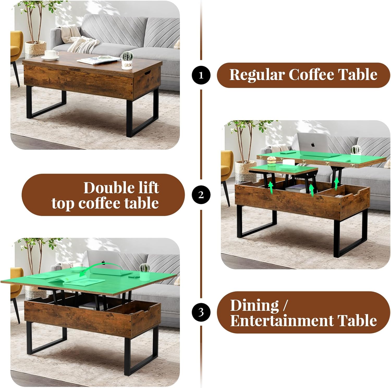 VOWNER Couchtisch Höhenverstellbar, 3-in-1-Multifunktions-Wohnzimmertisch mit Versteckter Aufbewahrung, Couchtisch Umwandelbar in Wohnzimmer-Esstisch, Vintage-Braun