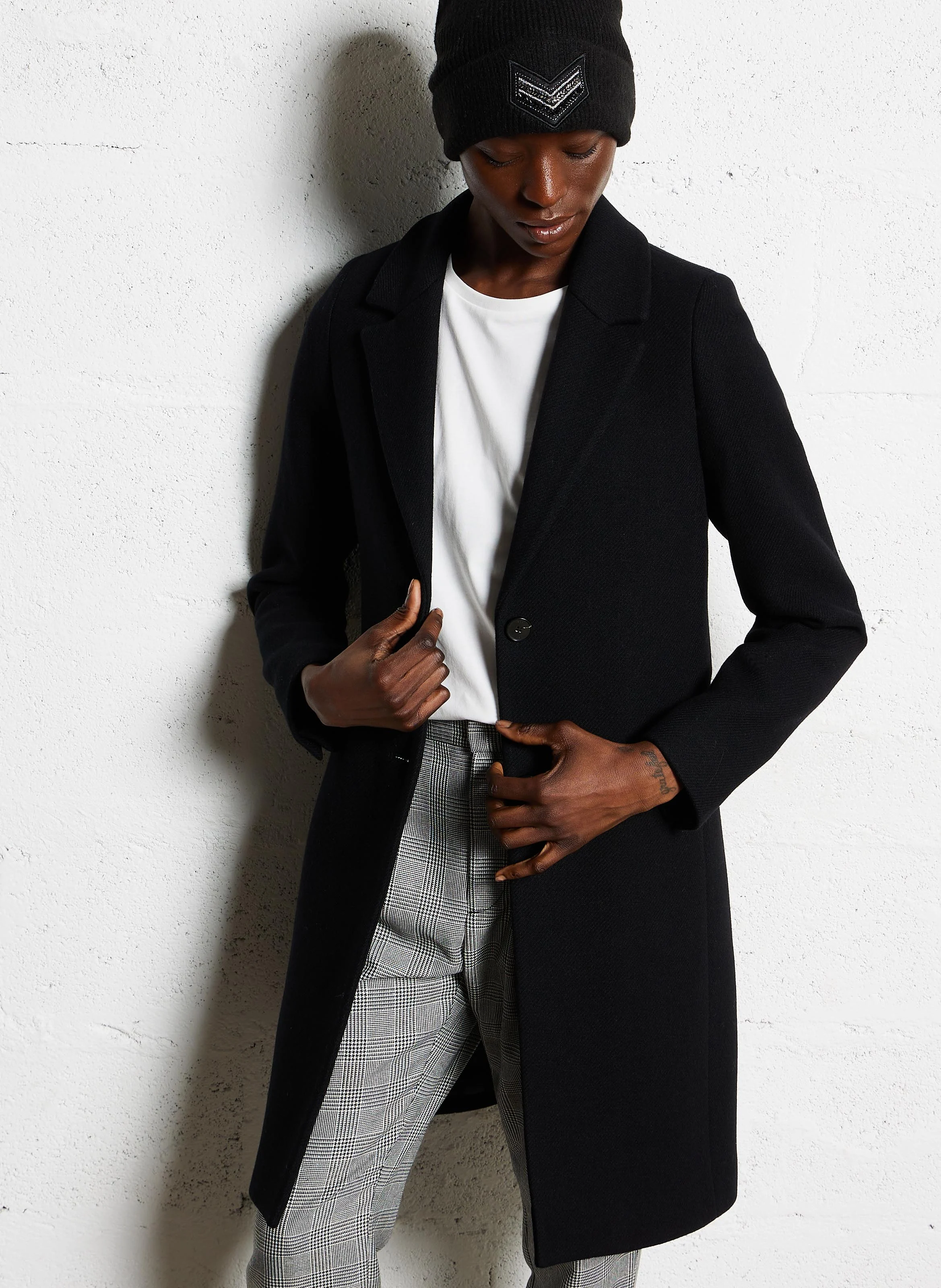 Manteau mi-long droit en laine mélangée| Noir