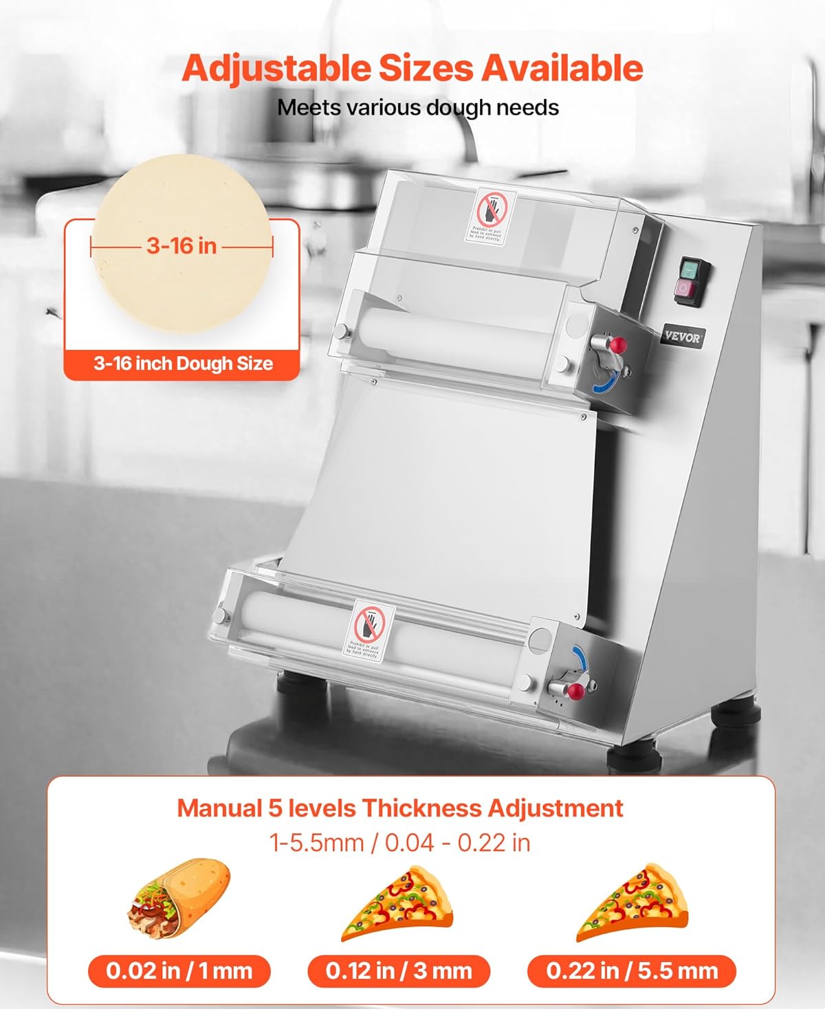 VEVOR elektrische Pizzateigpresse 355,6 mm Gebäck-Pressplatte, Brotpresse 390 W aus Edelstahl, kommerzieller Chapati Presse, Formmaschine mit einstellbarer Dicke & Teigpressdeckel, 260 Stk./h