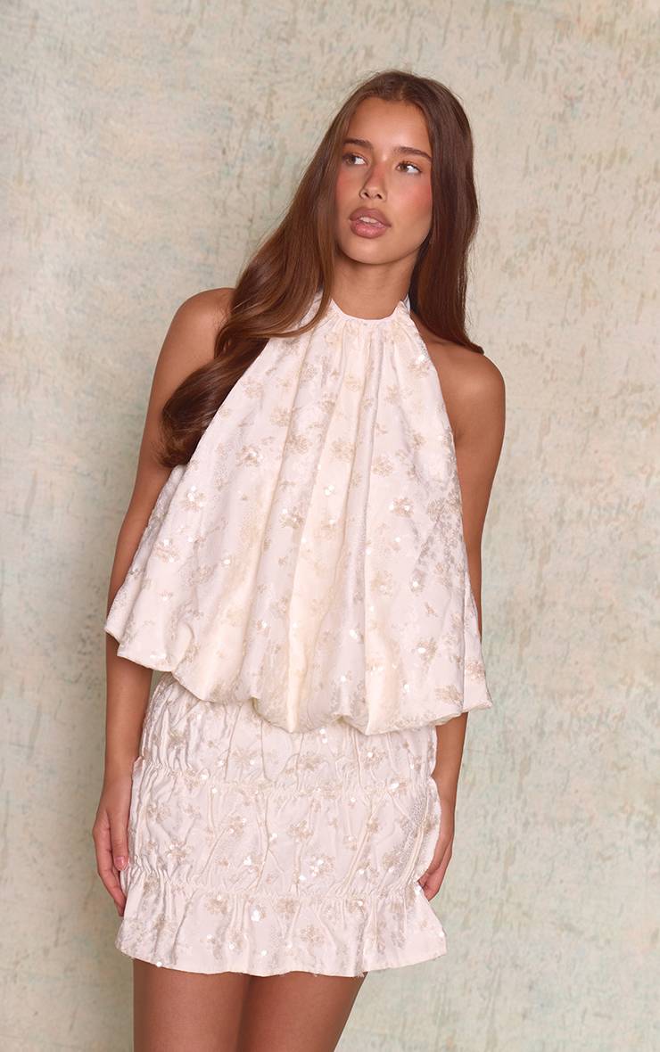 Crème Jupe Mini Froncée À Sequins Texturés Co-ord