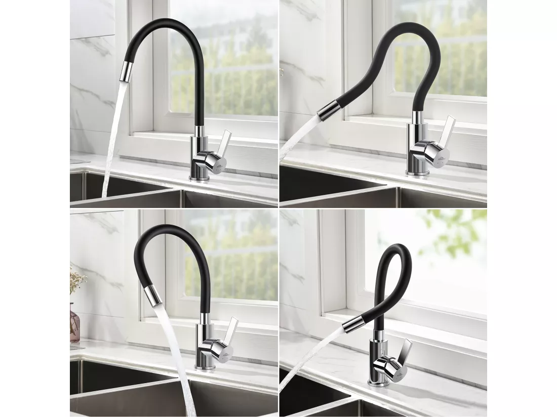 Robinet Cuisine Flexible Bec Haut Orientable Librement Mitigeur Évier Flexible Laiton Chromé et Noir Robinet Evier Monotrou Eau Chaude Froide