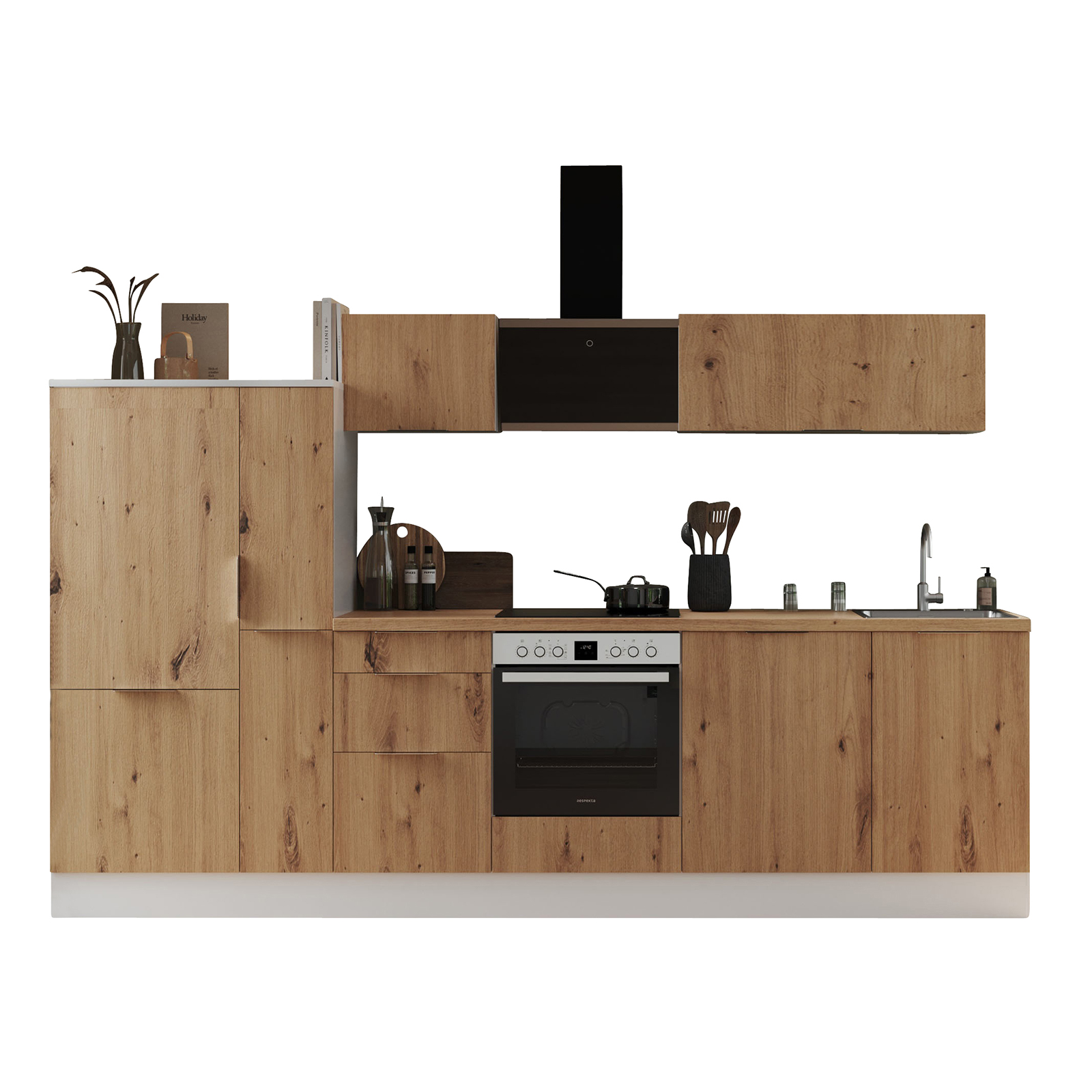 RESPEKTA Küchenblock - Artisan Eiche - weiß matt - mit E-Geräten - 310 cm