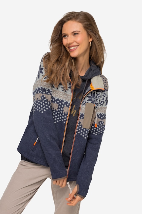 Strickfleece-Jacke, Norweger-Muster, Stehkragen, Zipper, Langarm
