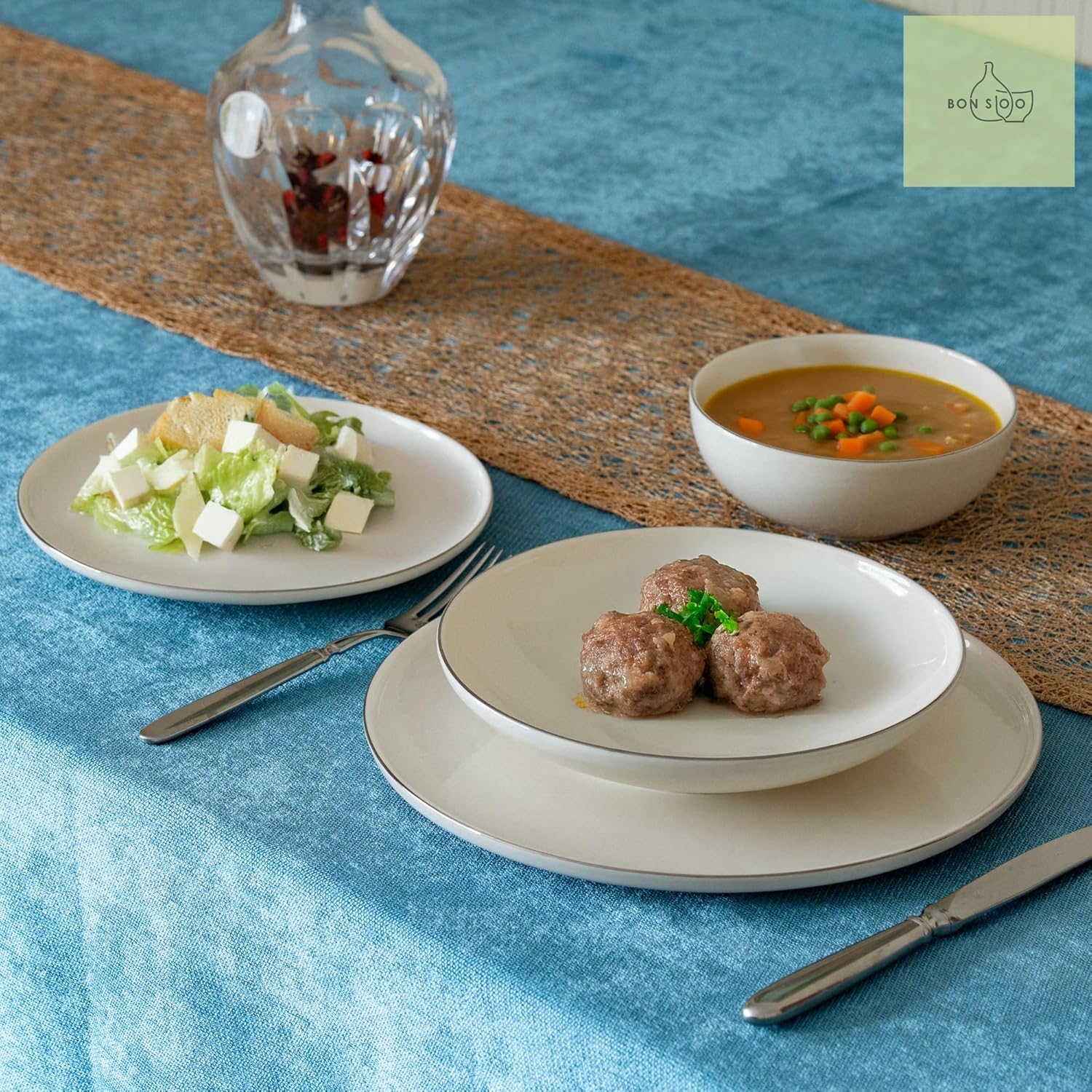 Premium Geschirrset 24-teilig aus edlem PORZELLAN für 6 Personen | 6x Große Essteller 27 cm, 6x tiefe Suppenteller, 6x Dessertteller und 6x Schüsseln | Cremeweiss mit Platinring