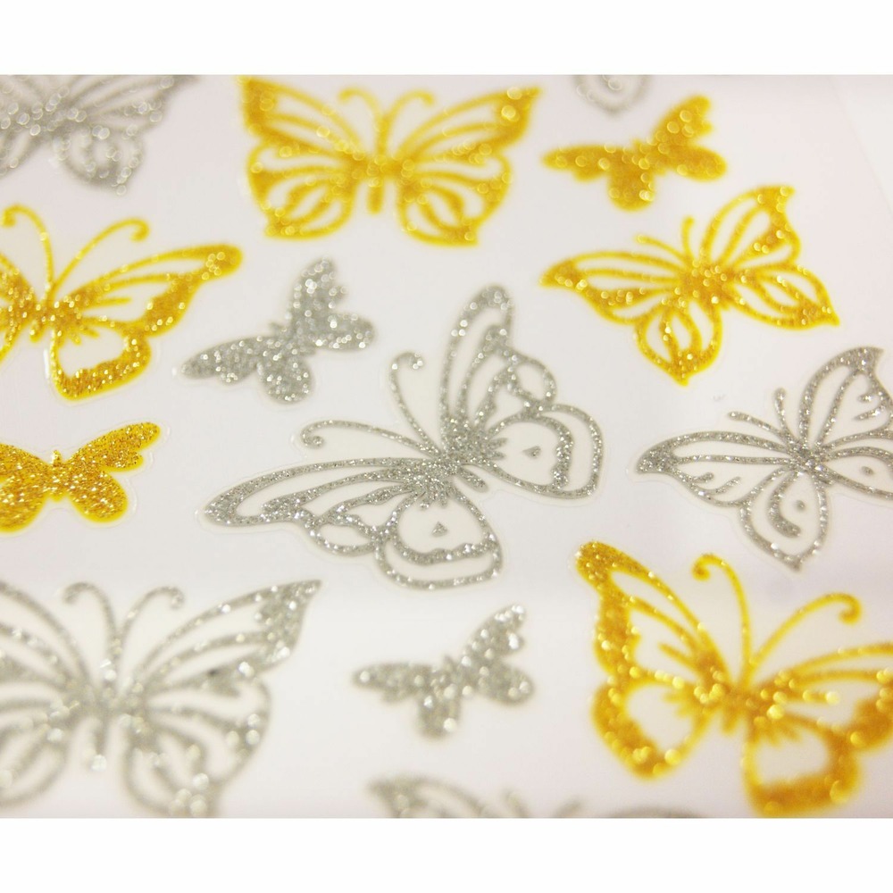 Stickers papillons à paillettes - doré et argenté - 7,5 x 10 cm