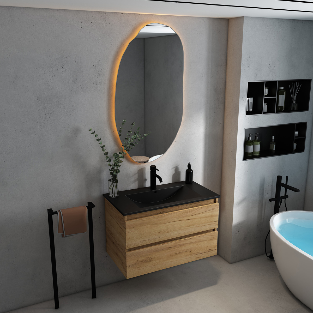 Fontana Rovigo badmeubel 80cm met zwarte wastafel en kraangat warm eiken