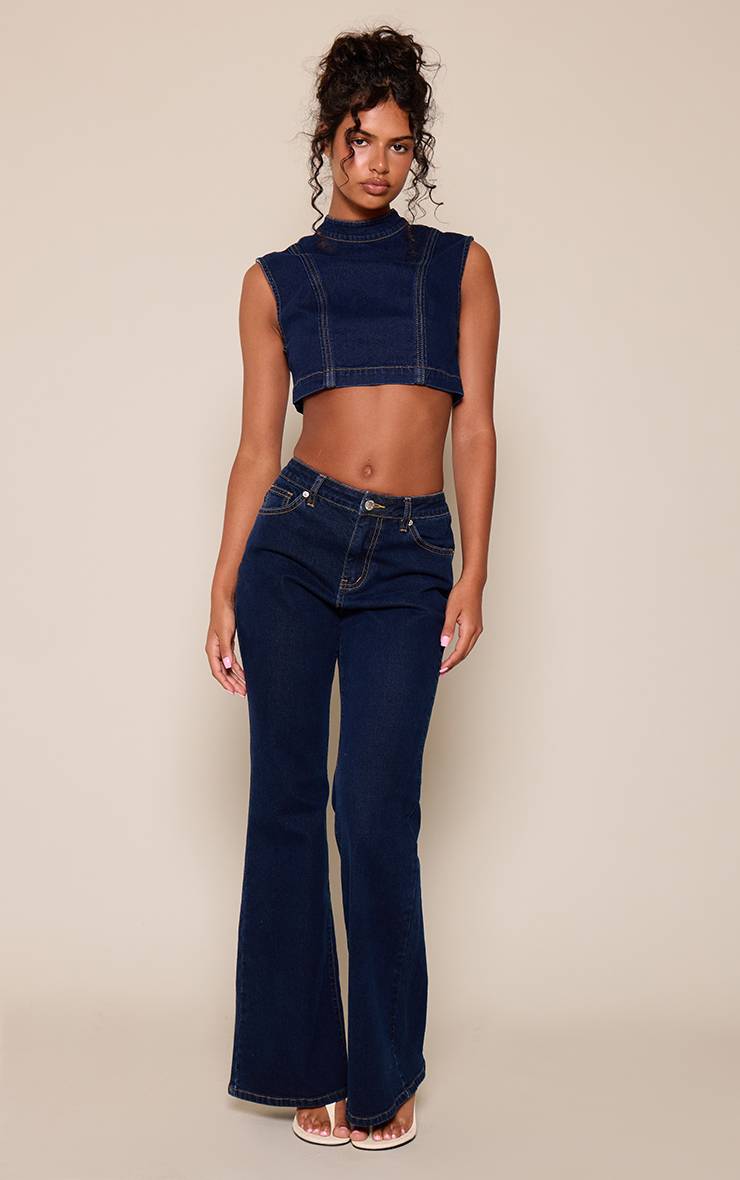Bleu Indigo Top Court En Denim Col Montant À Épaules Prolongées