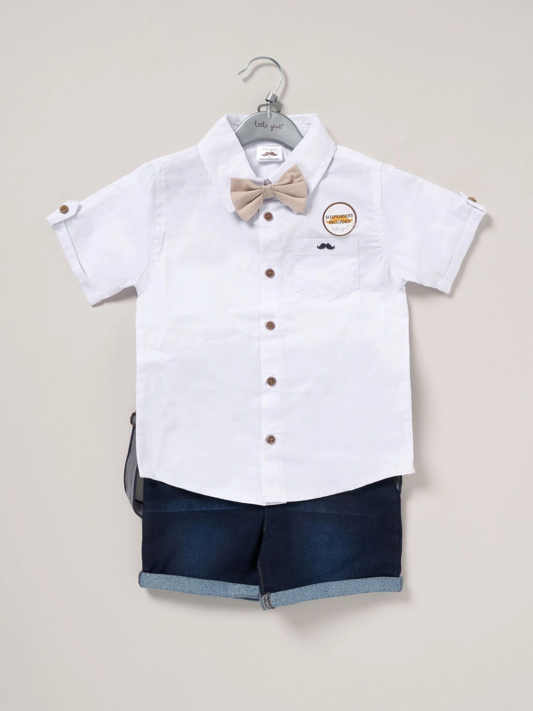 Little Gent set van blauw overhemd, korte broek en bretels