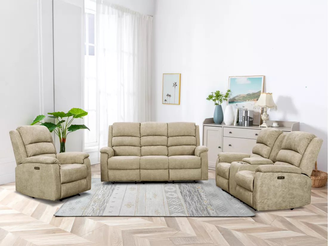 Canapés 3 places 2 places et un fauteuil relax électrique en tissu taupe NEVERS