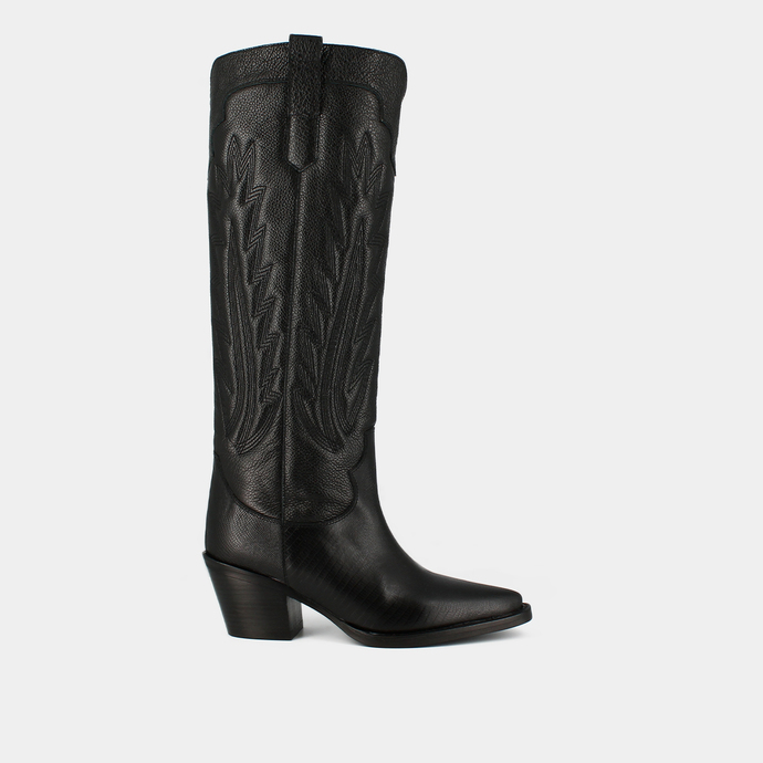 Bottes à talons épais et surpiqures apparentes  en cuir grainé noir
