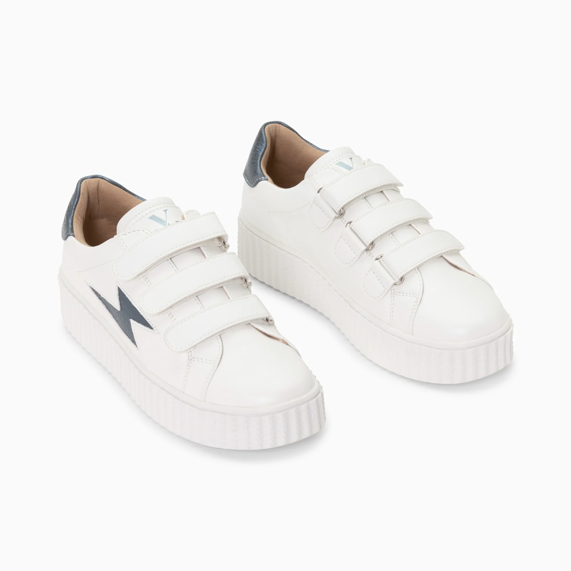 Sneakers-Baskets éclair Eva blanc et bleu pétrole serpent à scratchs
