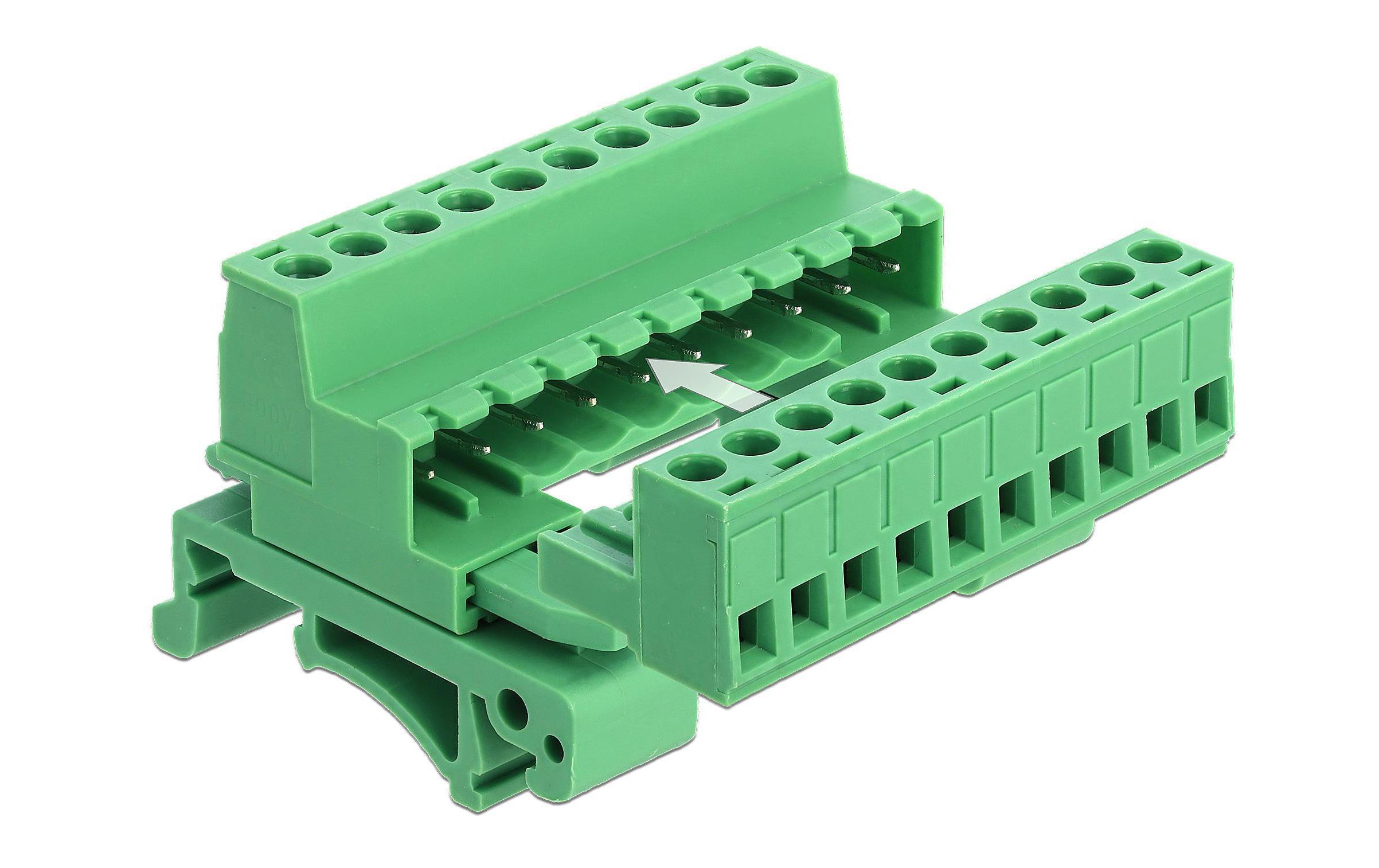 10 Pin, 5.08 mm Rastermass gewinkeltDelock Terminalblock Set für Hutschienen 10 Pin mit Rastermass 5.08 mm gewinkelt