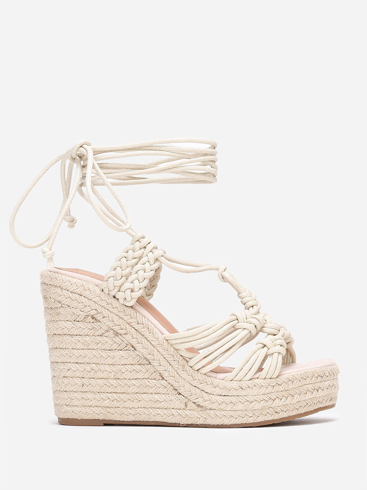 Sandales compensées à fines brides nouées- Beige clair