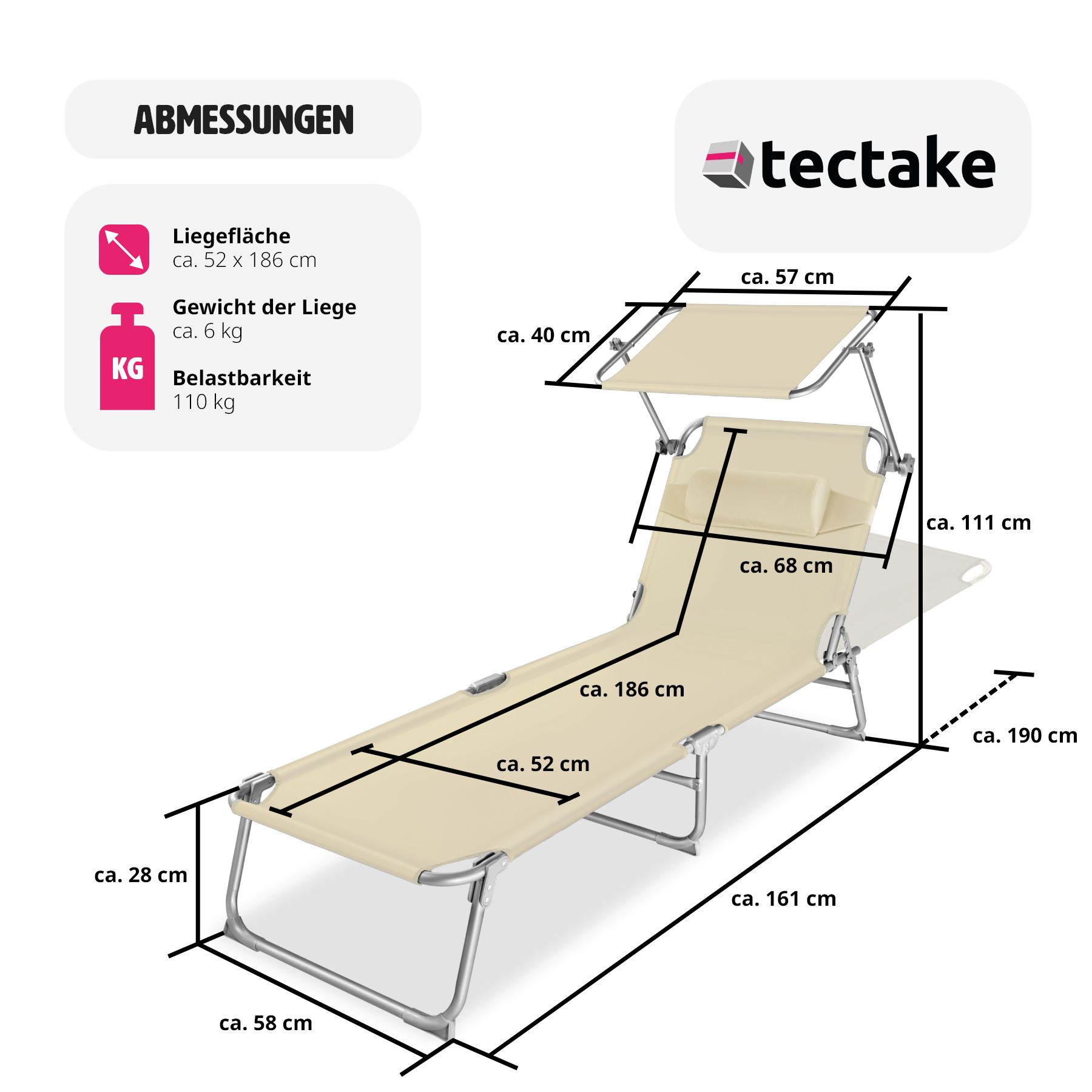 tectake® 2er Set Gartenliege, klappbar, 4-fach verstellbare Rückenlehne mit Kopfpolster, 190 x 68 x 65 cm