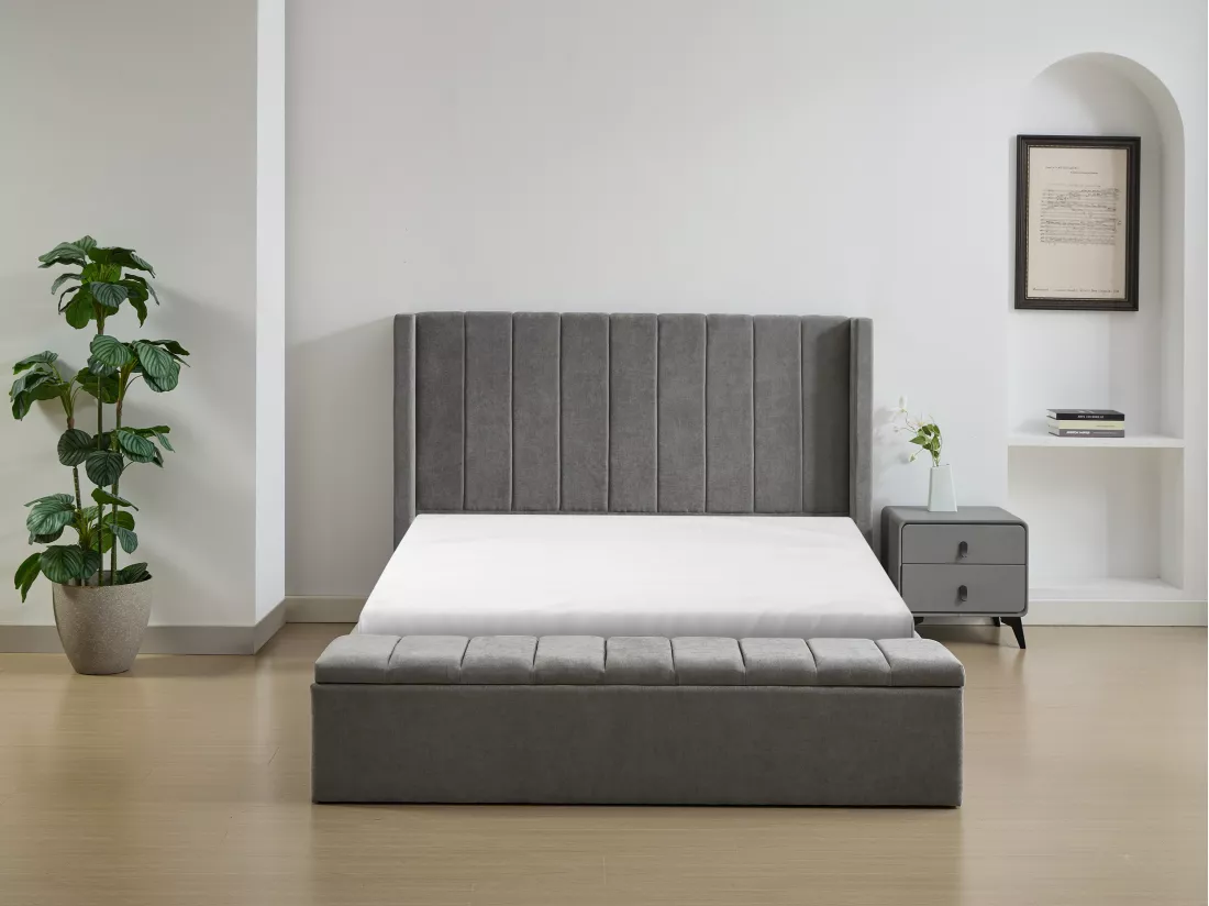 Lit coffre 180 x 200 cm avec banc - Tissu - Gris + Matelas - DOUINO
