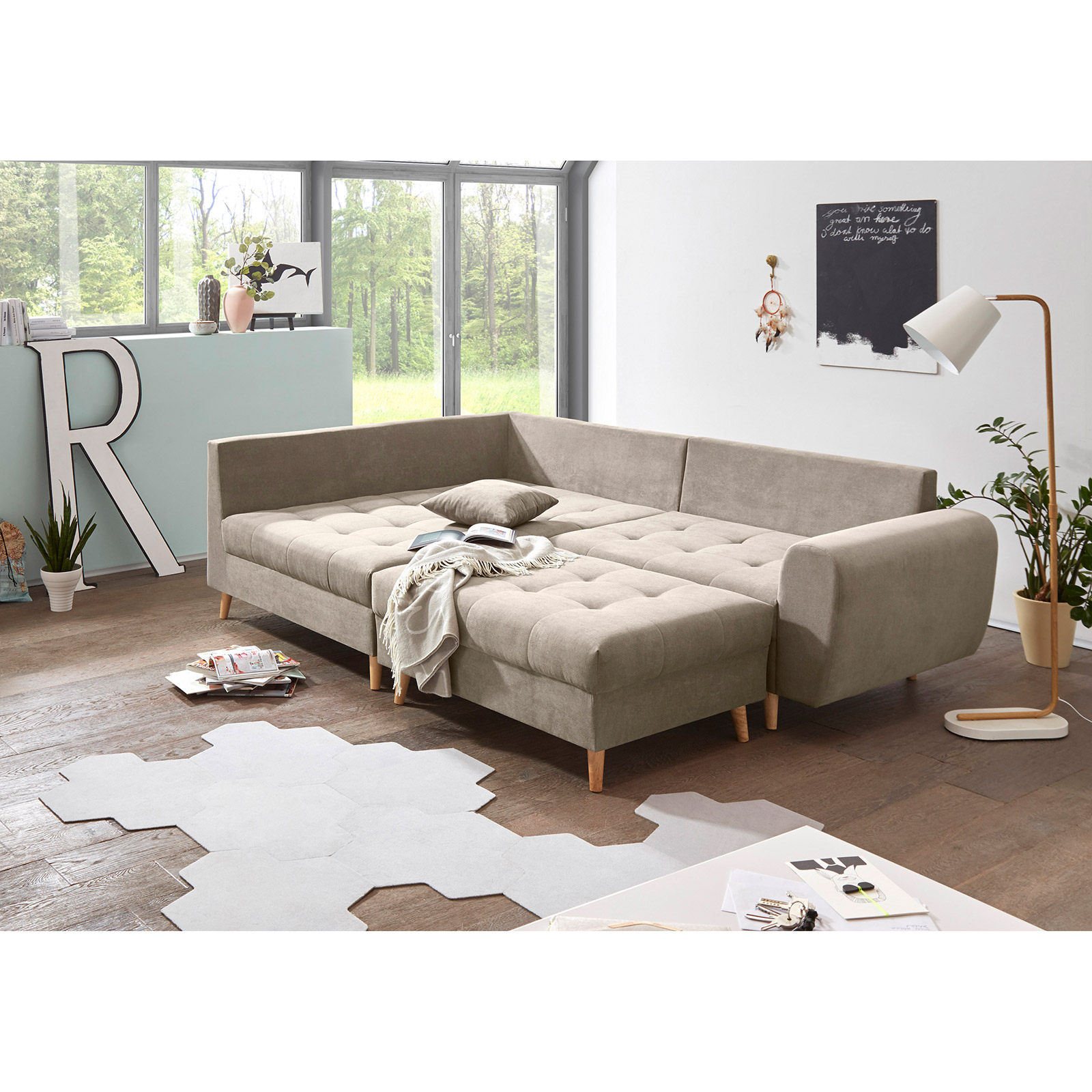 Eckgarnitur - sand - Recamiere links - mit Hocker