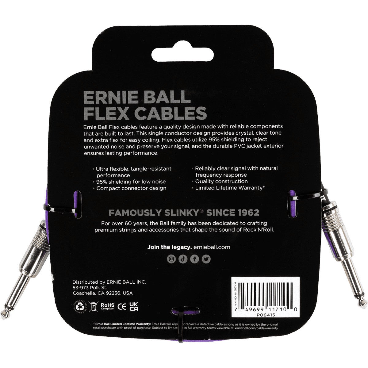 Ernie Ball 6415 Flex 3 meter instrumentkabel paars