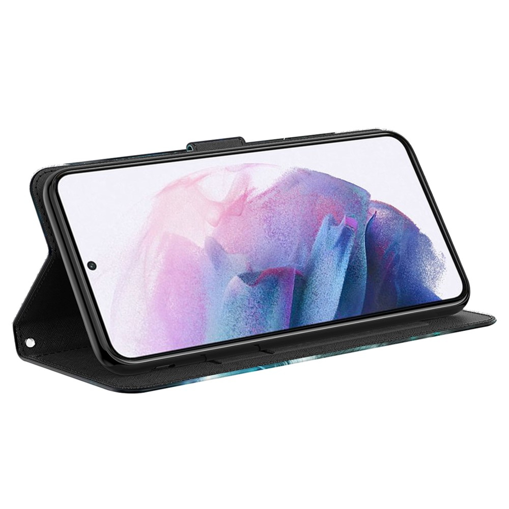 Samsung Galaxy A54 5G Leder Tasche mit Kartenfach   Handschlaufe - Marble Marmor (Blau / Gold)