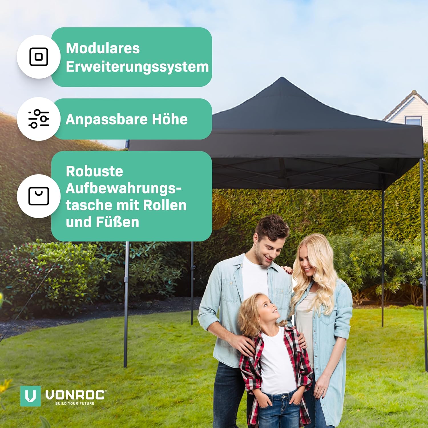 Pavillon Easy-Up 3 x 3 m – Gartenzelt mit Stahlrahmen, wasserdichte Plane, UV-Schutz 50+, Transporttasche mit Rädern – modular und erweiterbar (6x3m, Schwarz)