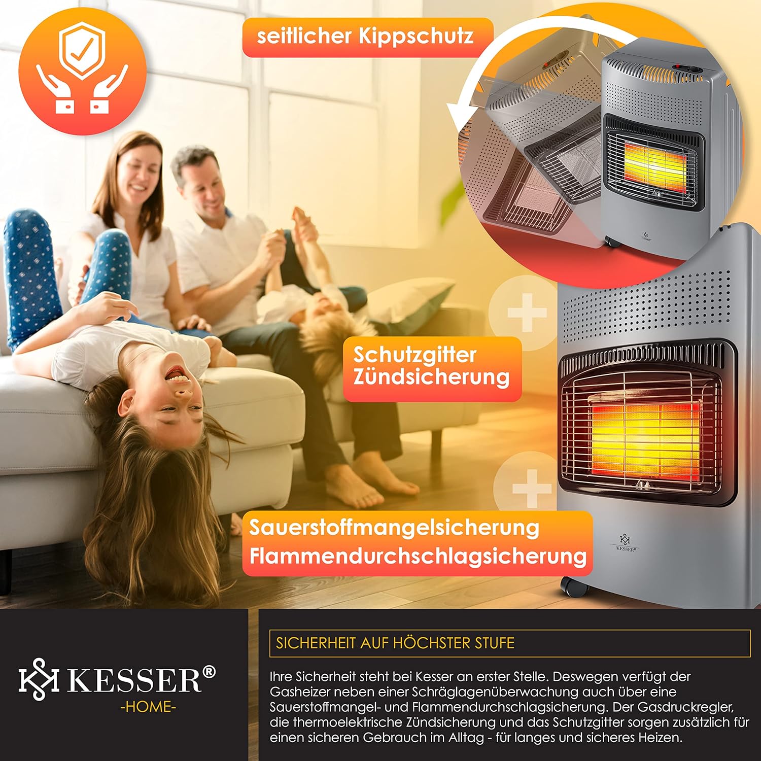 KESSER® 4200 Watt Keramik Piezo Gasheizer inkl. Gasdruckregler Gasschlauch + Schutzhülle, Gasheizofen Heizstrahler Gasheizgerät Infrarot Keramikbrenner, Butan- oder Propangasflaschen bis 15kg, Grau