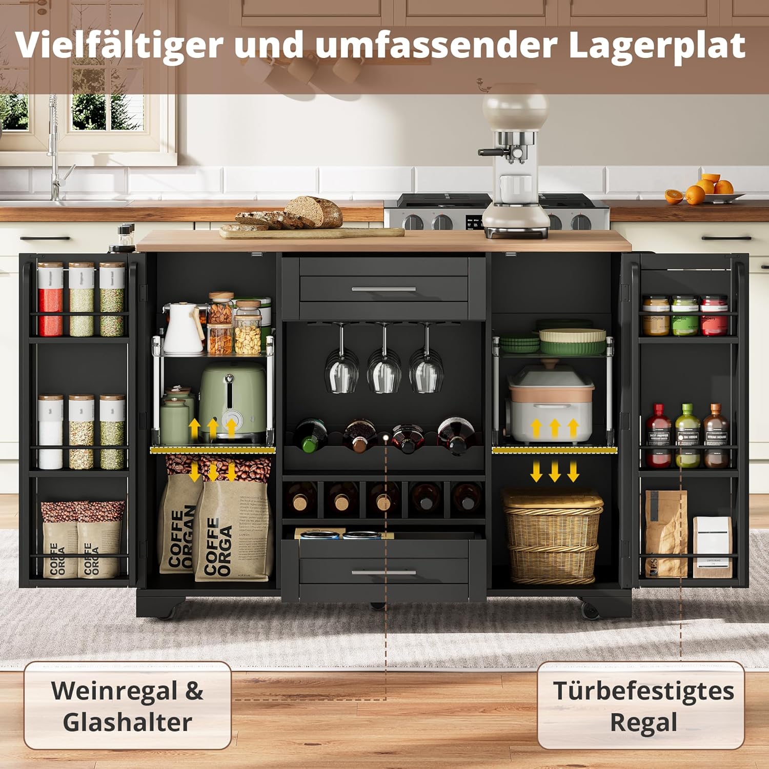 Kücheninsel Küchenschrank mit Klappbare Arbeitsplatte und Weinregal, Buffetschrank Küchenwagen mit Rollen und Handtuchhalter, Küchenbuffet, Küchenmöbel, Schrank Schwarz, 138x45-70x92 cm