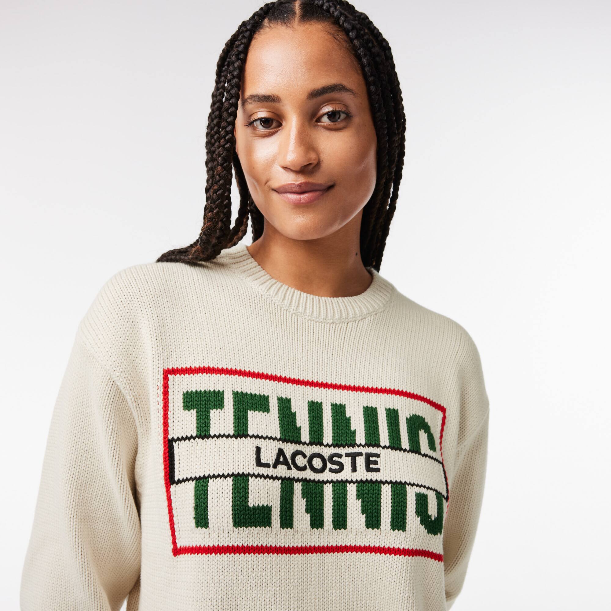 Jacquard-Pullover mit Strickerei aus Baumwollmischung. Pullover - Weiss - Lacoste - Damen