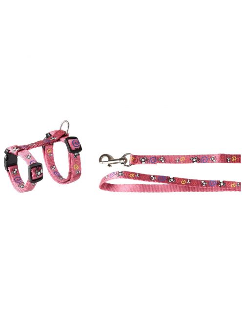 Flamingo Kittenharnas + Lijn Topo Muismotief - Kattentuigje - Paars Print 20-35cm 10mm