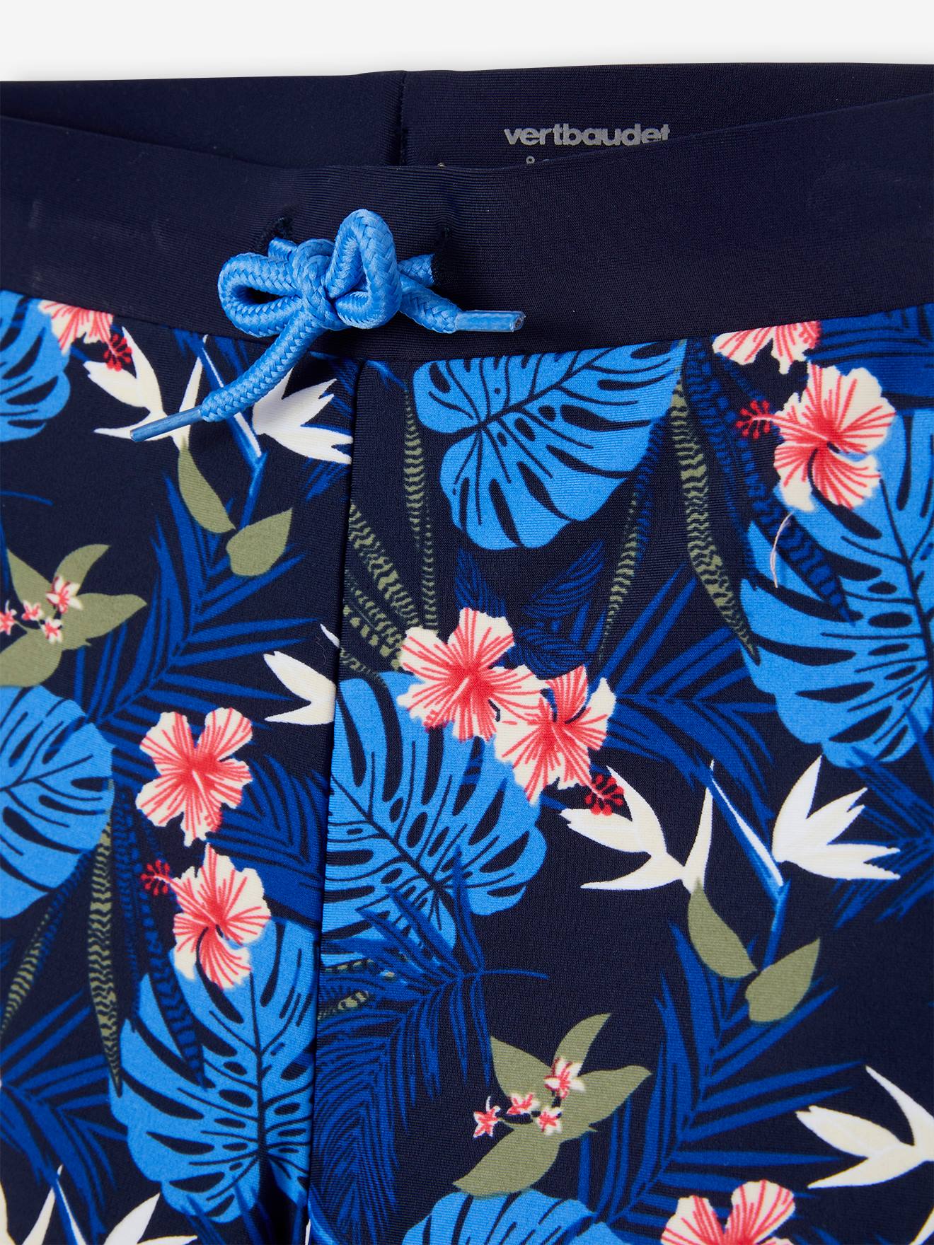 Calção de banho boxer azul marinho com estampa tropical para meninos
