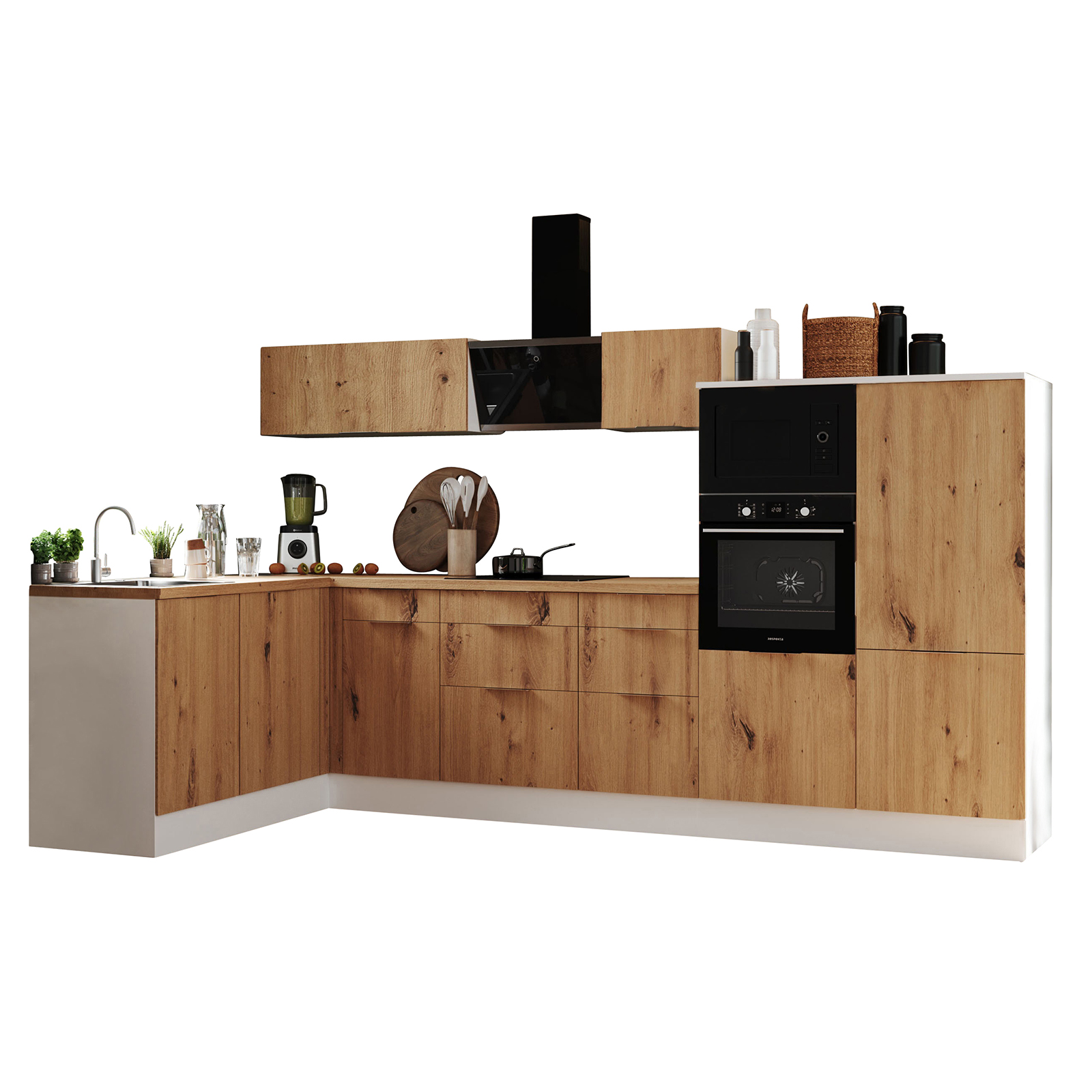 RESPEKTA Winkelküche - Artisan Eiche - weiß matt - mit E-Geräten - 340x175 cm