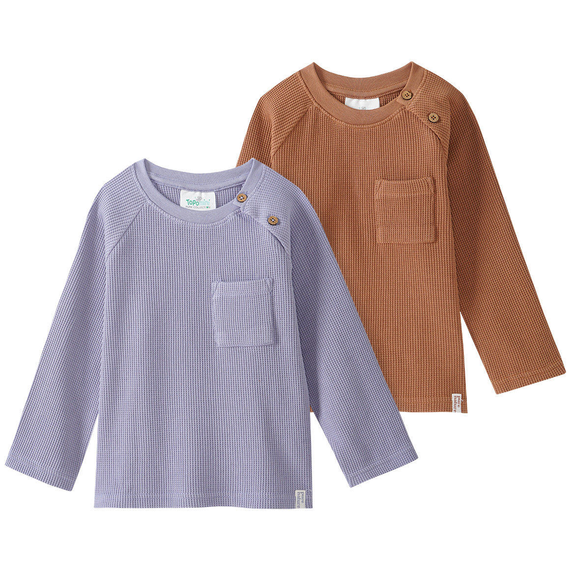 Topomini Pure Collection 2 Baby Langarmshirts aus Waffel-Piqué terracotta / hellblau