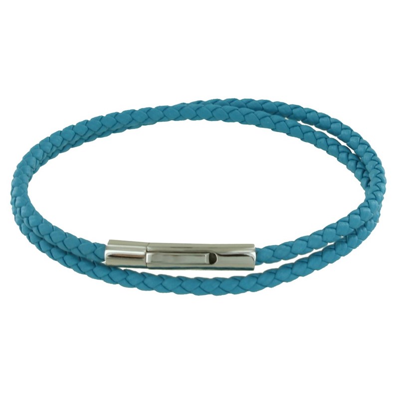 Bracelet Femme Double Tour Cuir Tréssé Rond pour Poignet de 18cm - Turquoise