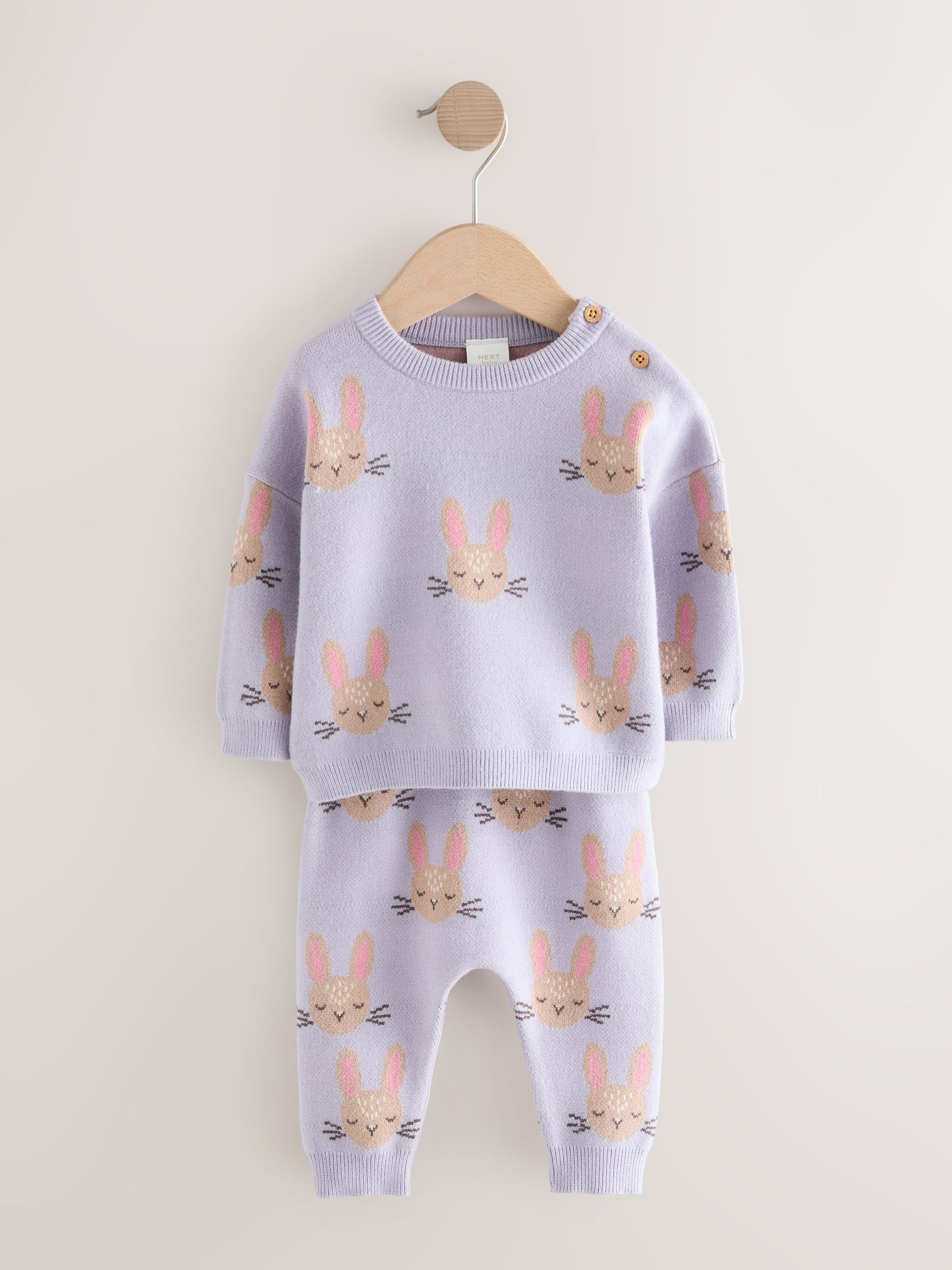 Paars met konijnenprint - Gebreide babytrui en leggings set 2 -delig (0mnd -2jr)