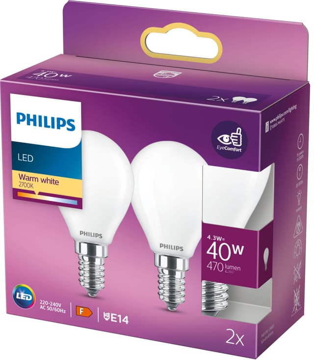 Philips classic LED-pære 4W E14 (2-pakke)