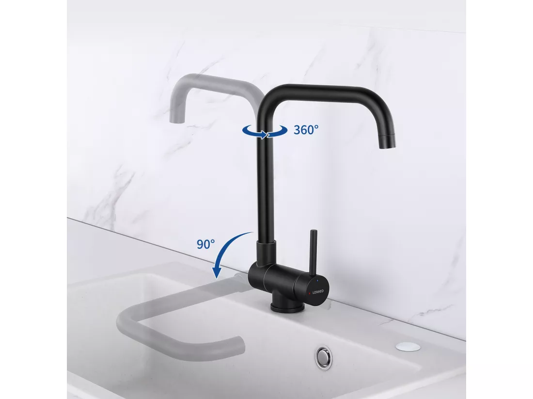 Lonheo Max 2pcs Mitigeur Cuisine Rabattable Pivotant 360°,avec Poignée Pliable Contre Fenêtre,Mitigeur Evier Eau Chaude Froide ,Noir,EU Modèle