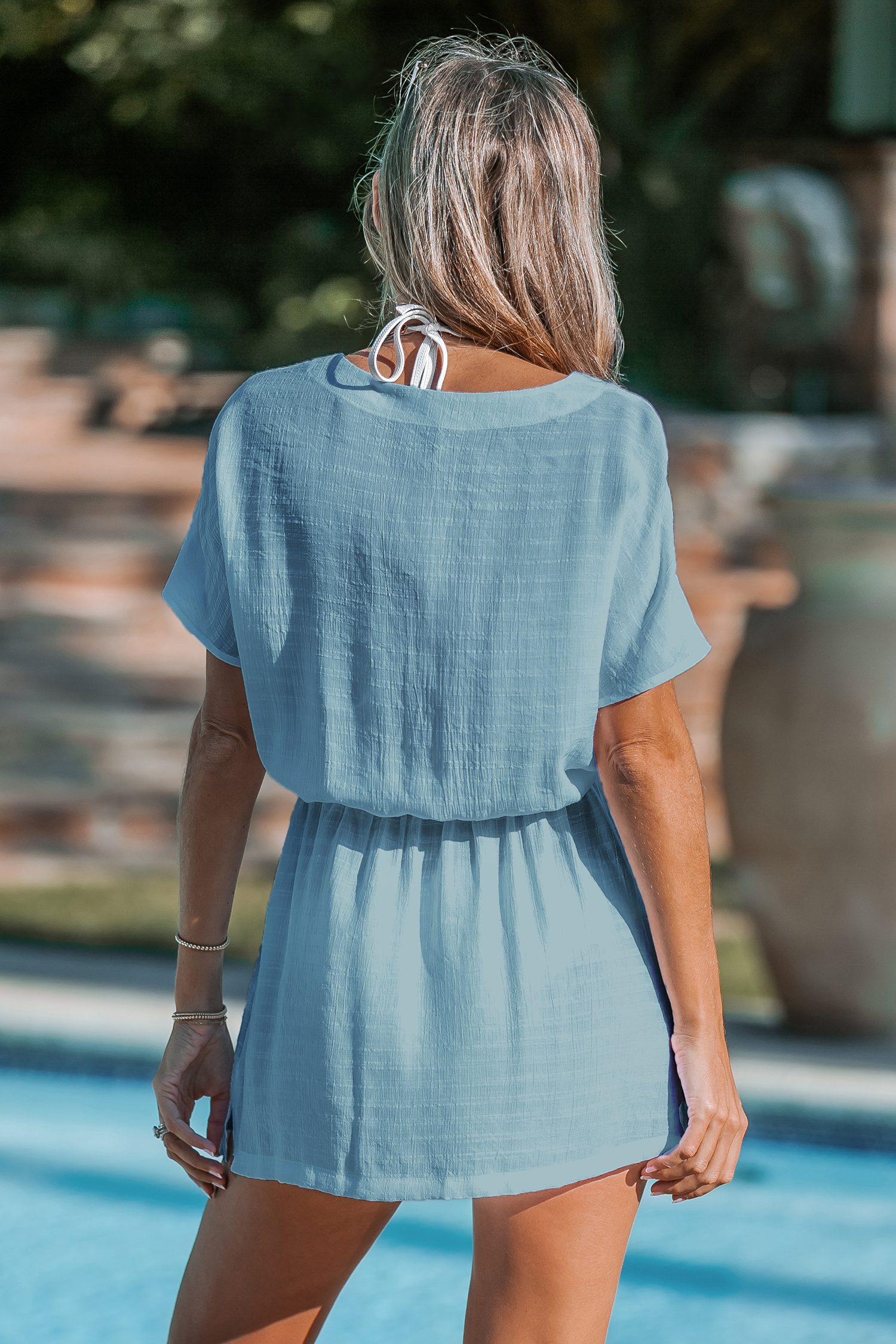 Robe mini cover up à et col en V et manches courtes verte