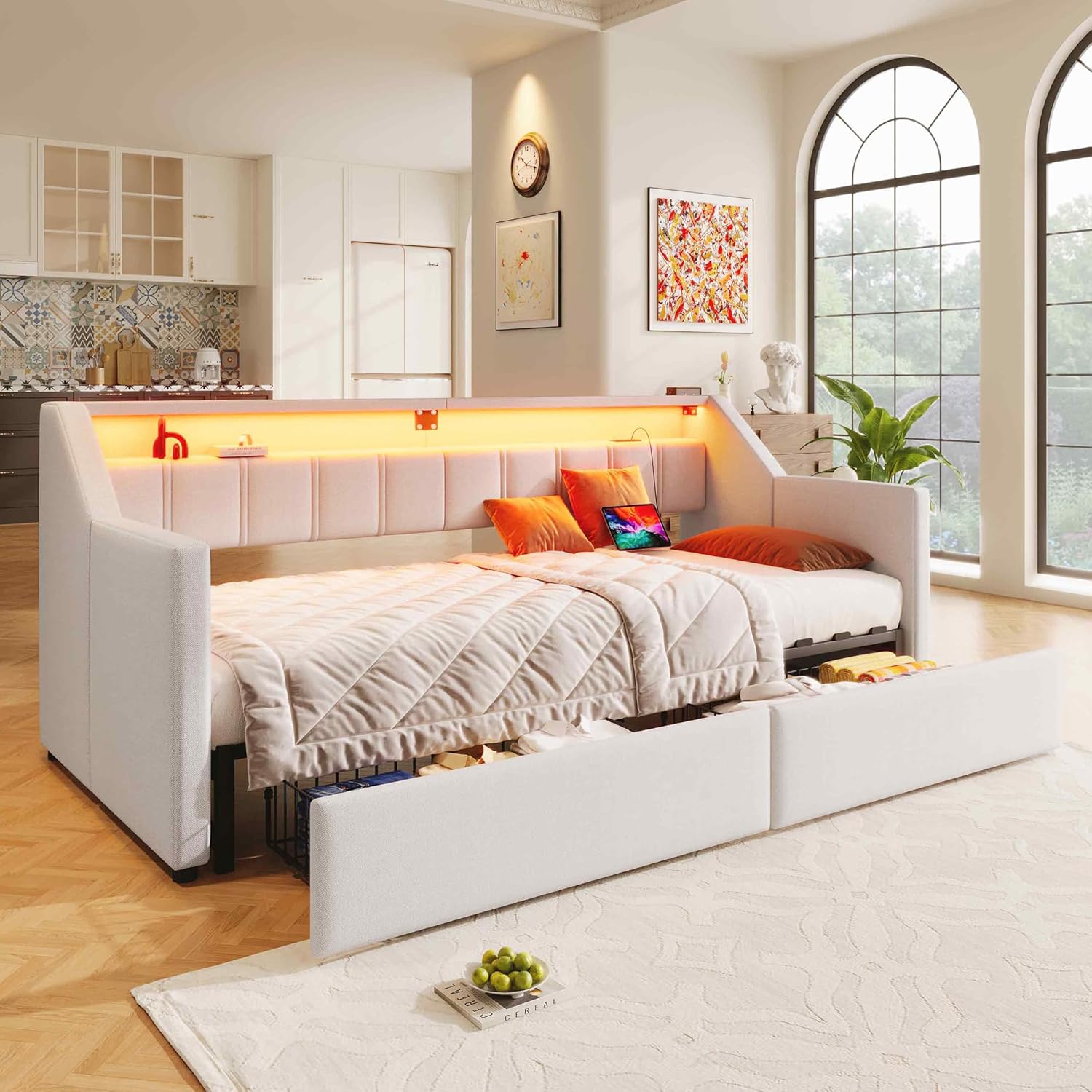 Polsterbett Tagesbett mit LED & USB Typ-C Ladefunktion, Ausziehbares Schlafsofa 90/180x200 cm, Multifunktionsbett Gästebett Einzelbett/Doppelbett mit 2 Schubladen & Lattenrost, Ohne Matratze, Beige