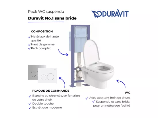 Pack WC suspendu sans bride DURAVIT Me by Starck avec abattant frein de chute + bati support SIAMP + Plaque de commande chromée