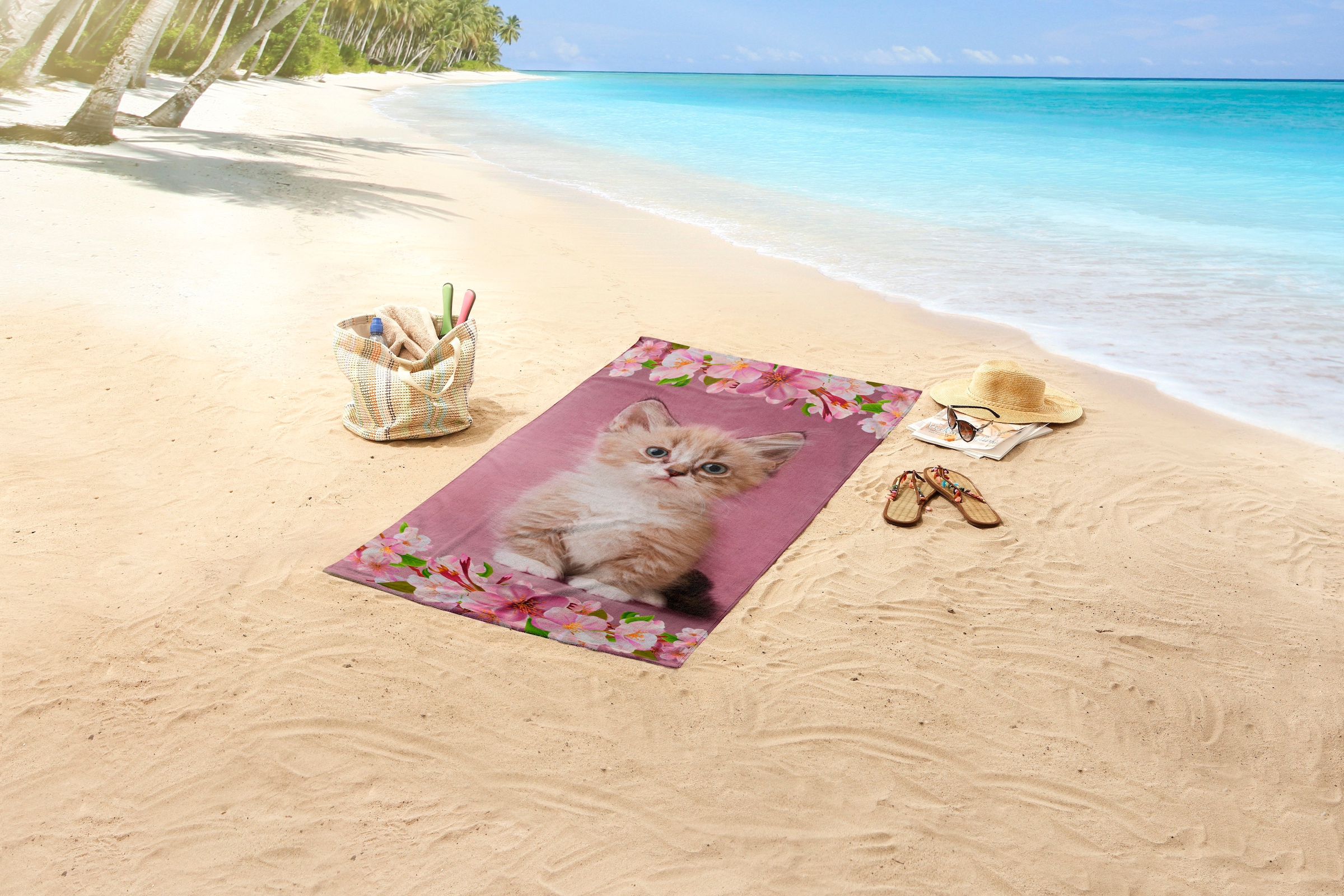 good morning Strandtuch »Look« Mikrofaser, 75x150, Schnelltrocknend, Kind, Mädchen, Katze, Rosa