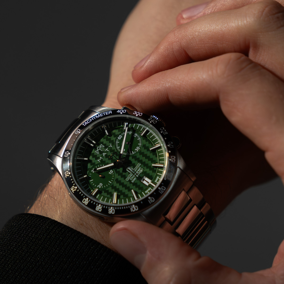 Montre MATY GM chronographe cadran vert bracelet acier