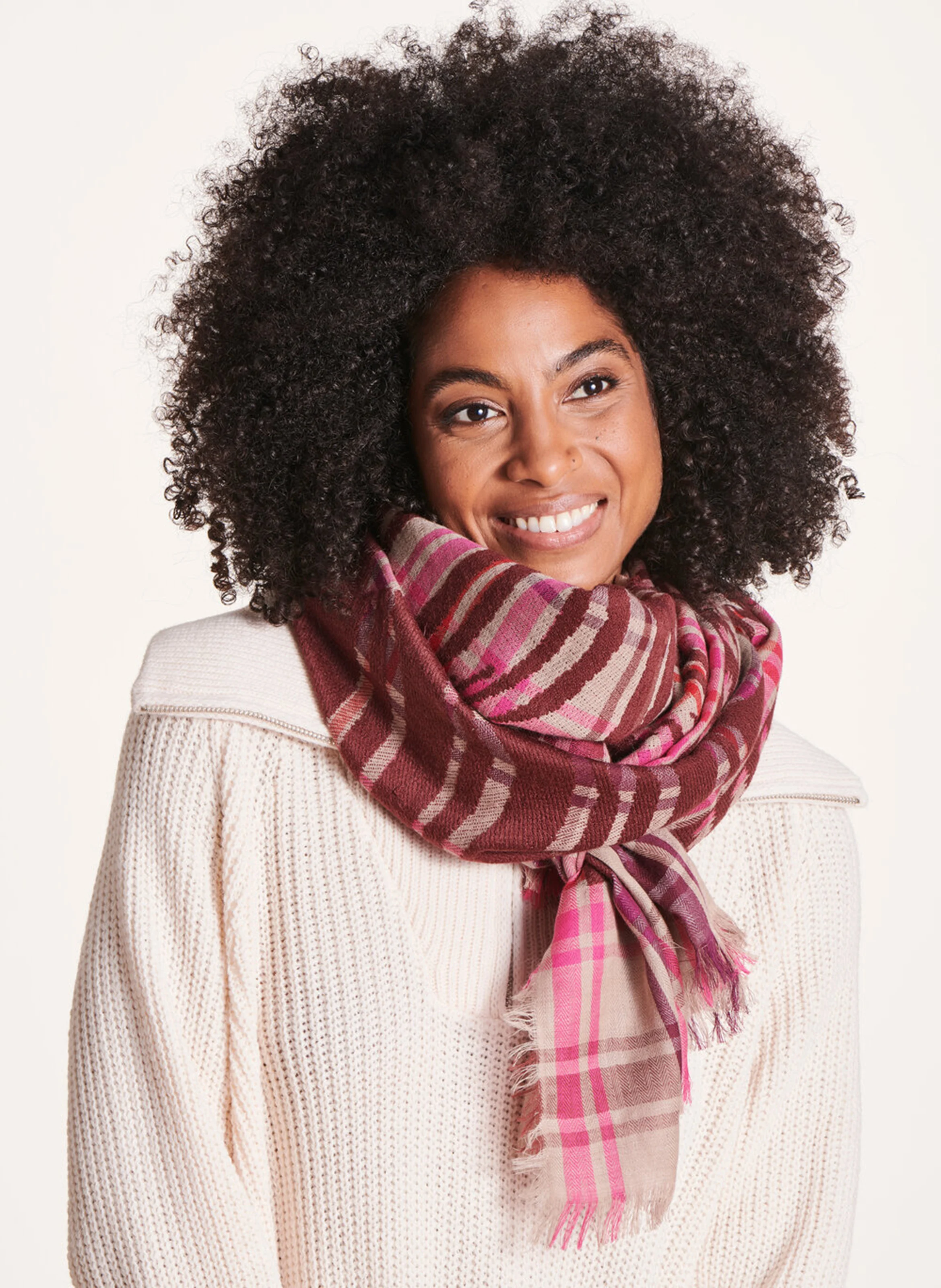 Foulard à carreaux en lain et en coton mélangés | Rose