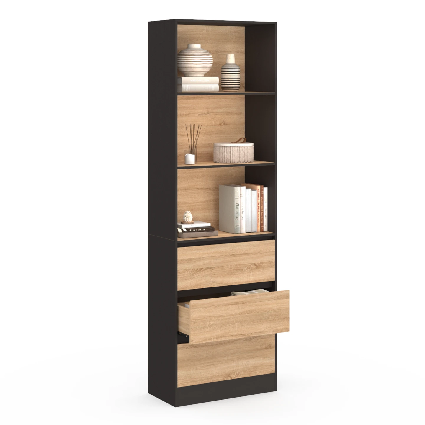 Etagère bibliothèque CARLA 3 niveaux 3 tiroirs noir et effet bois H.190 cm