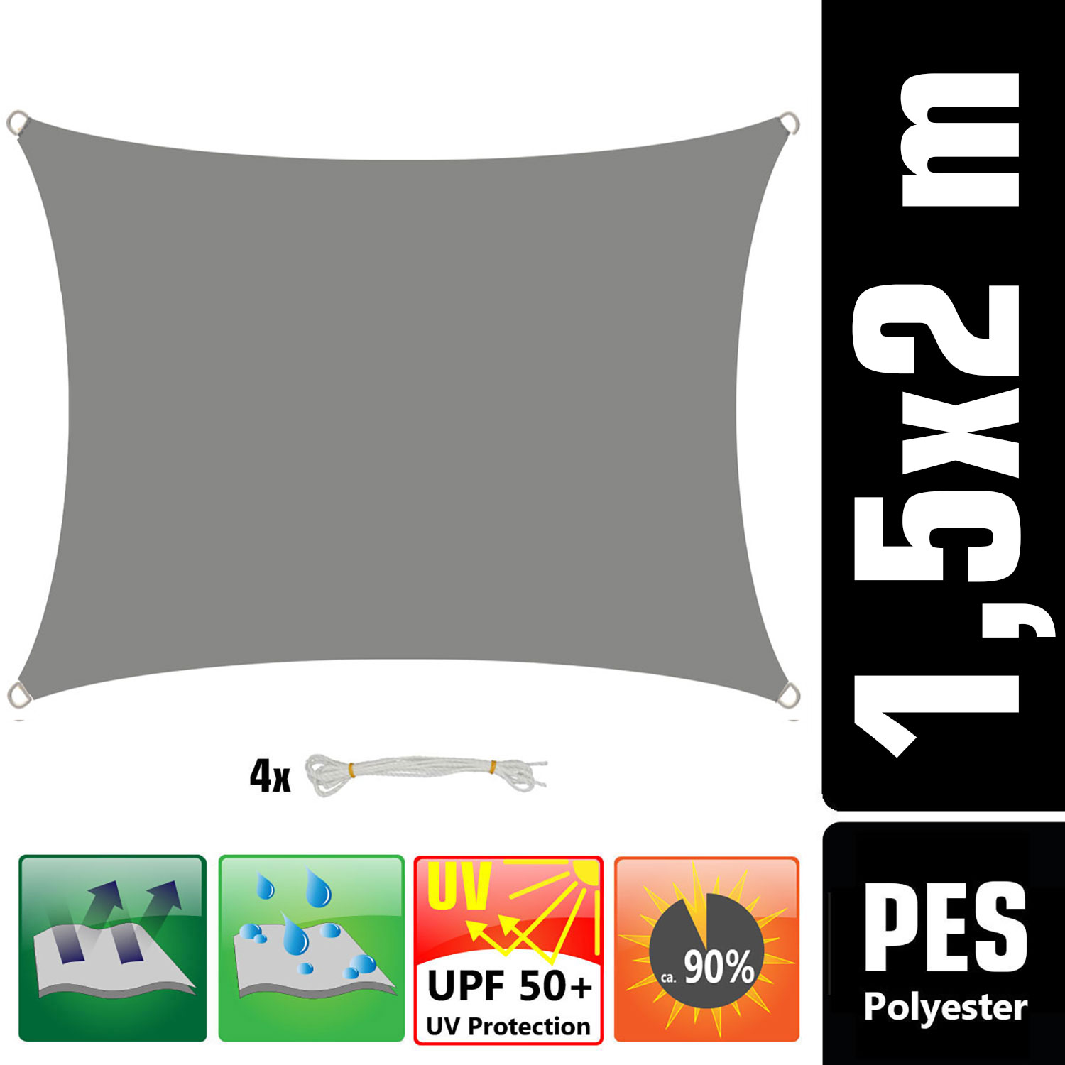 AMANKA 1,5x2m grijs Polyester waterdicht schaduwdoek