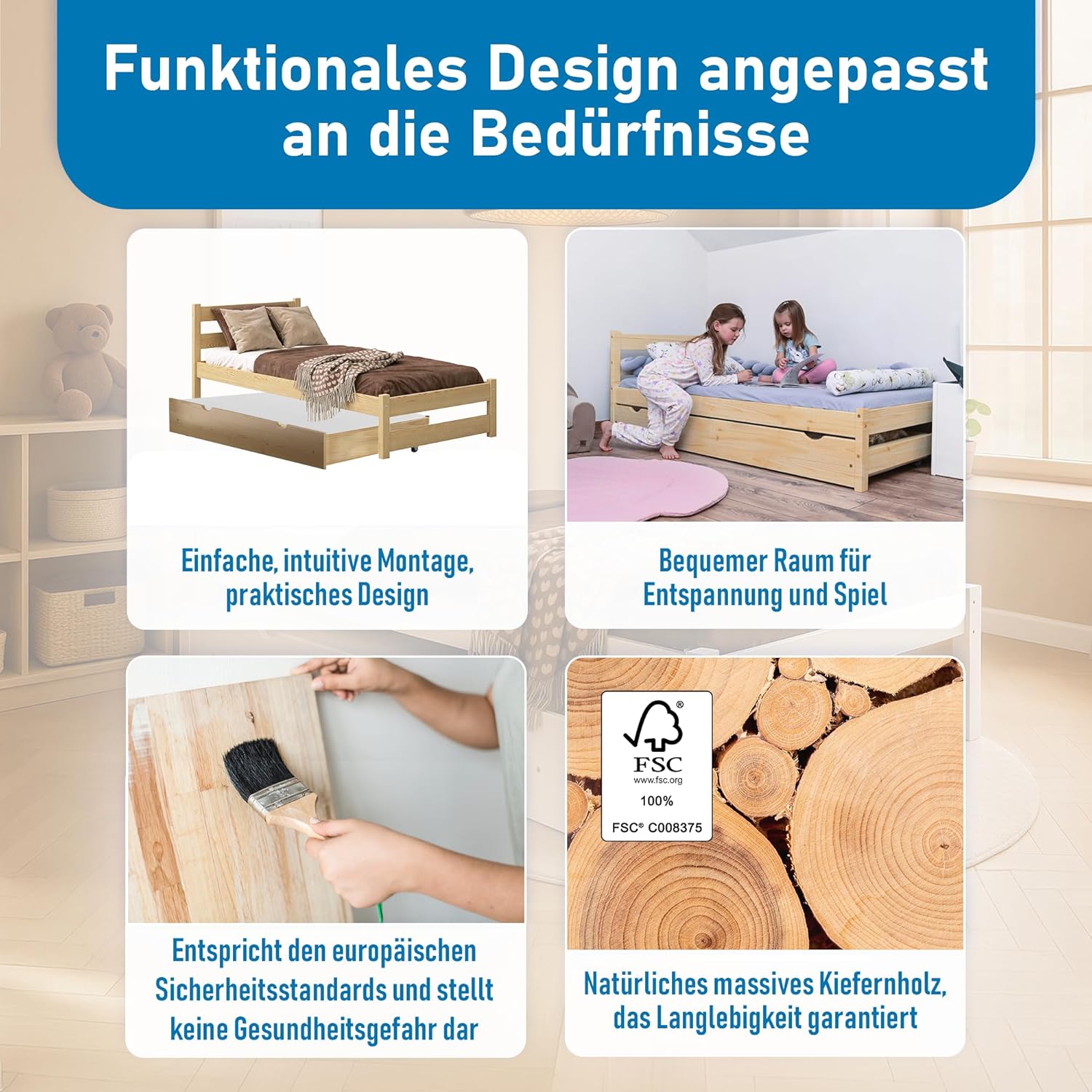 Kinderbett 80x160 cm mit Auszugbett und Lattenrost - Einzelbett aus Kiefer Massivholz - Kinder Bett Montessori – Jugendbett - ohne Matratze