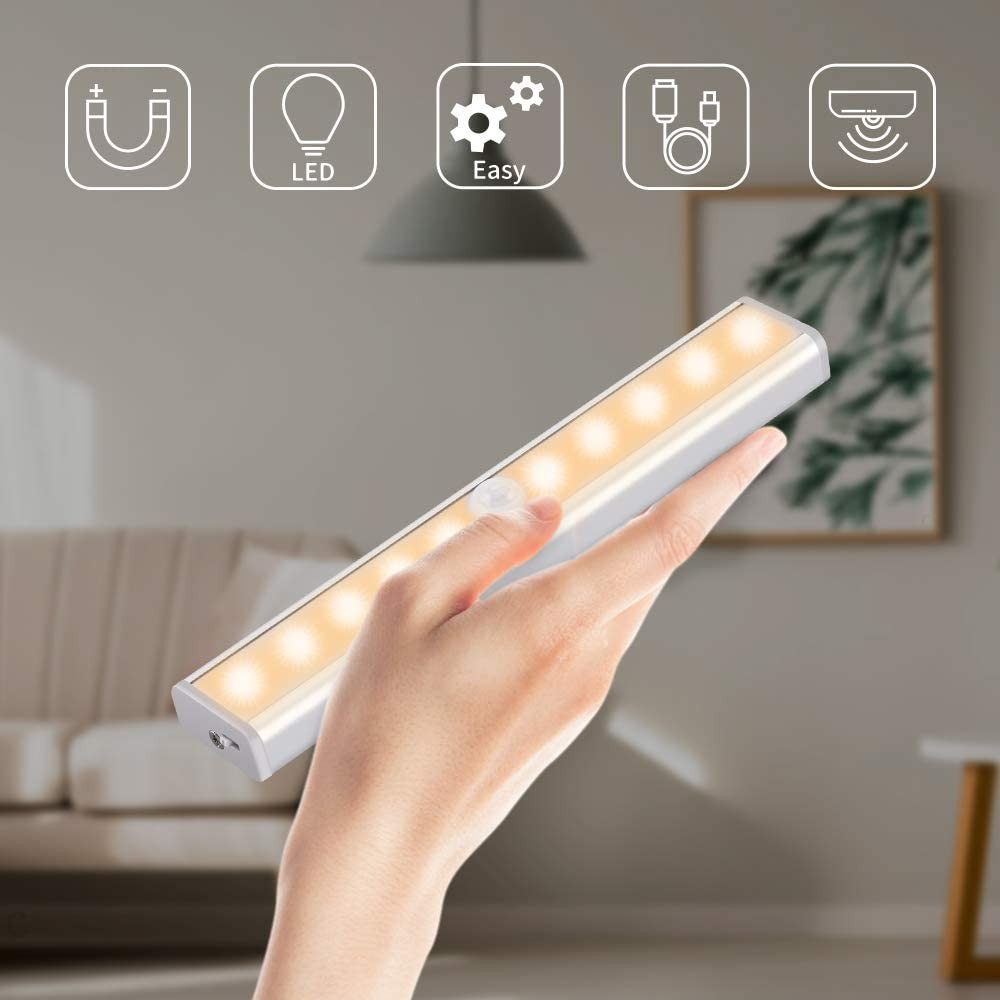 (19cm) 10 LED's Lichtleiste Magnetische USB Leuchte Schrank Beleuchtung mit PIR Bewegungsmelder   Magnet Halterung - Warmweiss