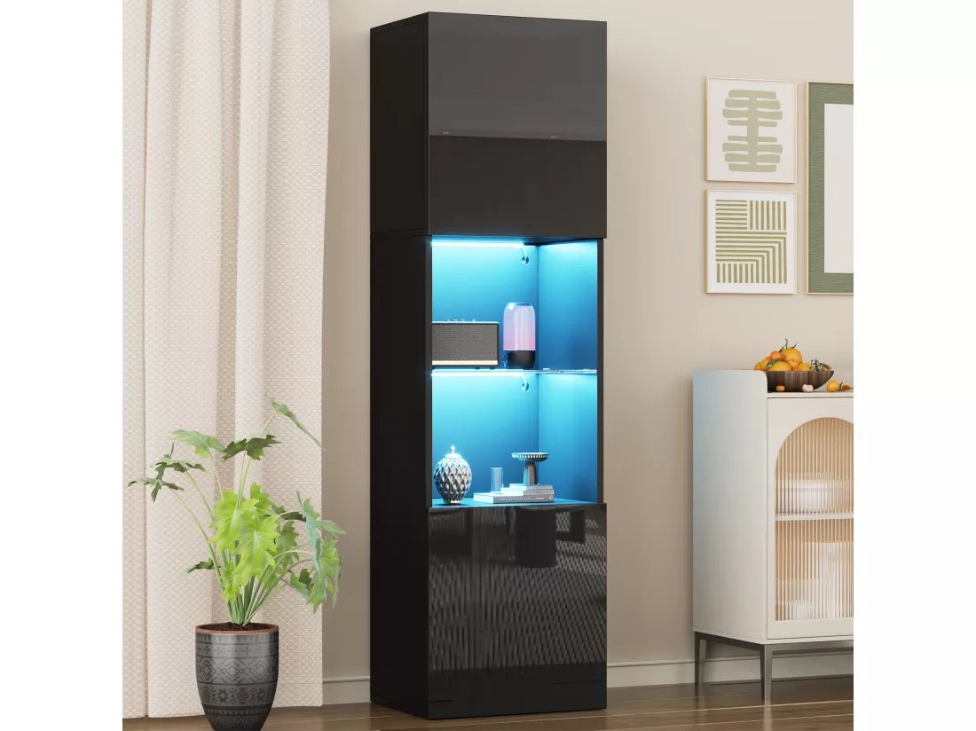 Vitrine 45x35x160cm - avec 2 ports - avec éclairage LED - 1 étagère en verre - noir
