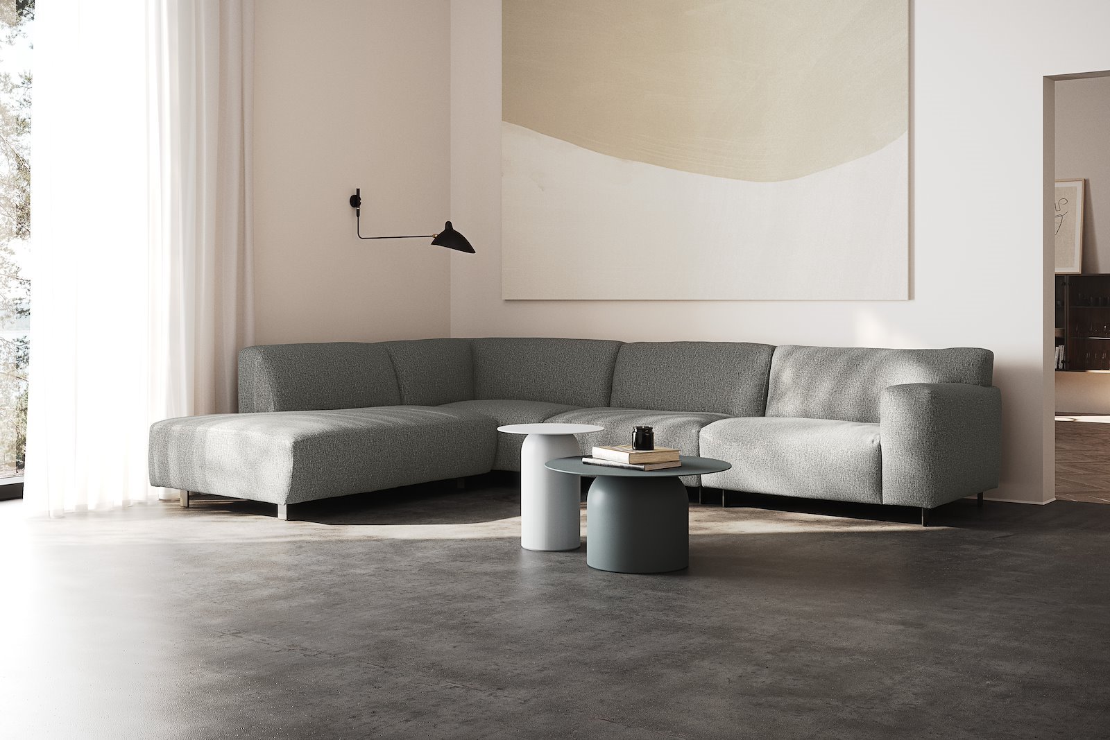 Vesta hjørnesofa 3-seter med åpen ende venstre, Big hjørnemodul,  Tekstil Marsel Dark grey, standardsøm, sort metallben 10 cm, Comfort CM